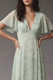 A Line Dusty Sage V Neck Floral Long Wedding Guest Dress