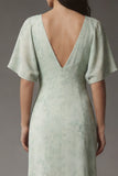 A Line Dusty Sage V Neck Floral Long Wedding Guest Dress