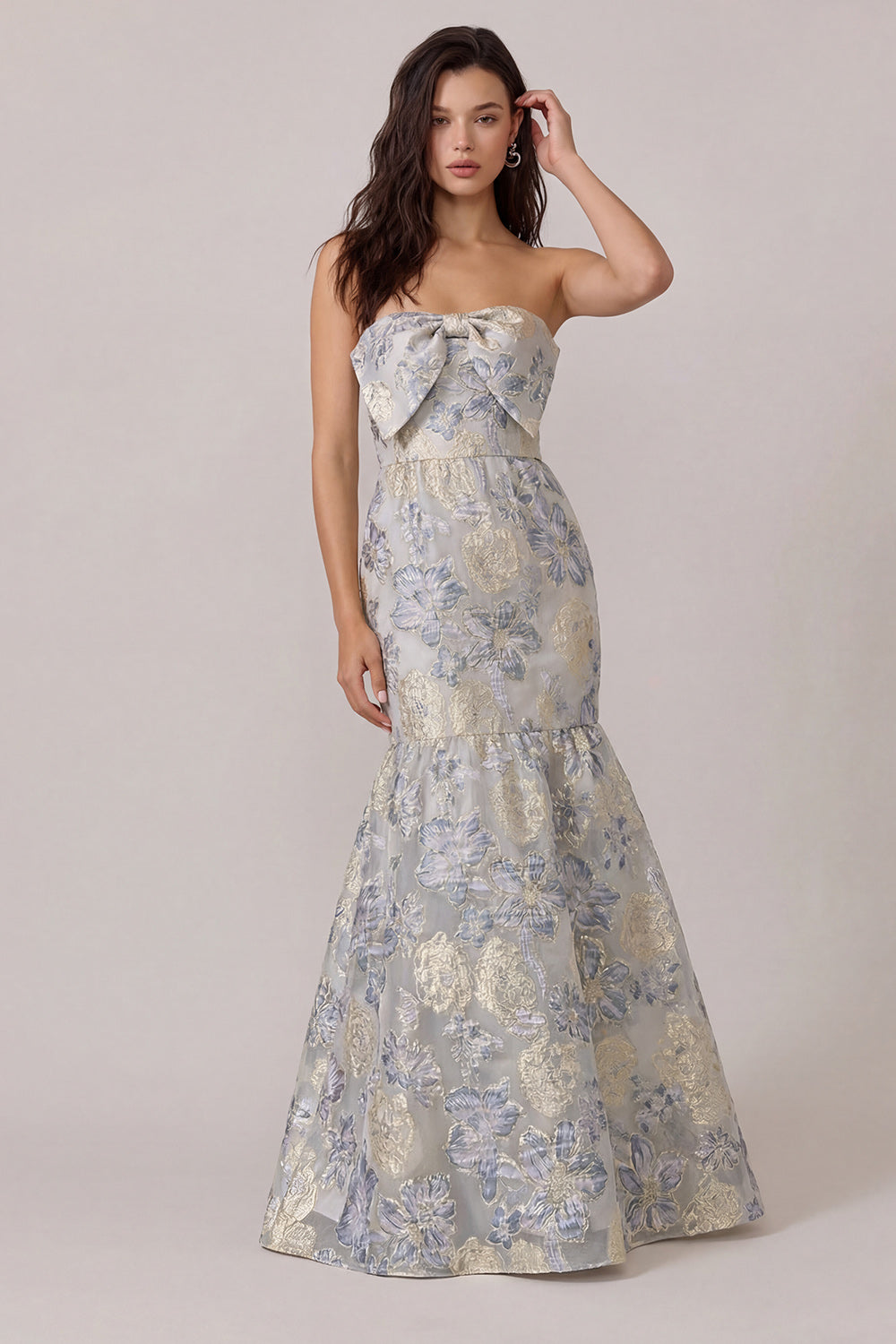 Dusty Blue Jacquard Mermaid Floral Long Wedding Guest Dress