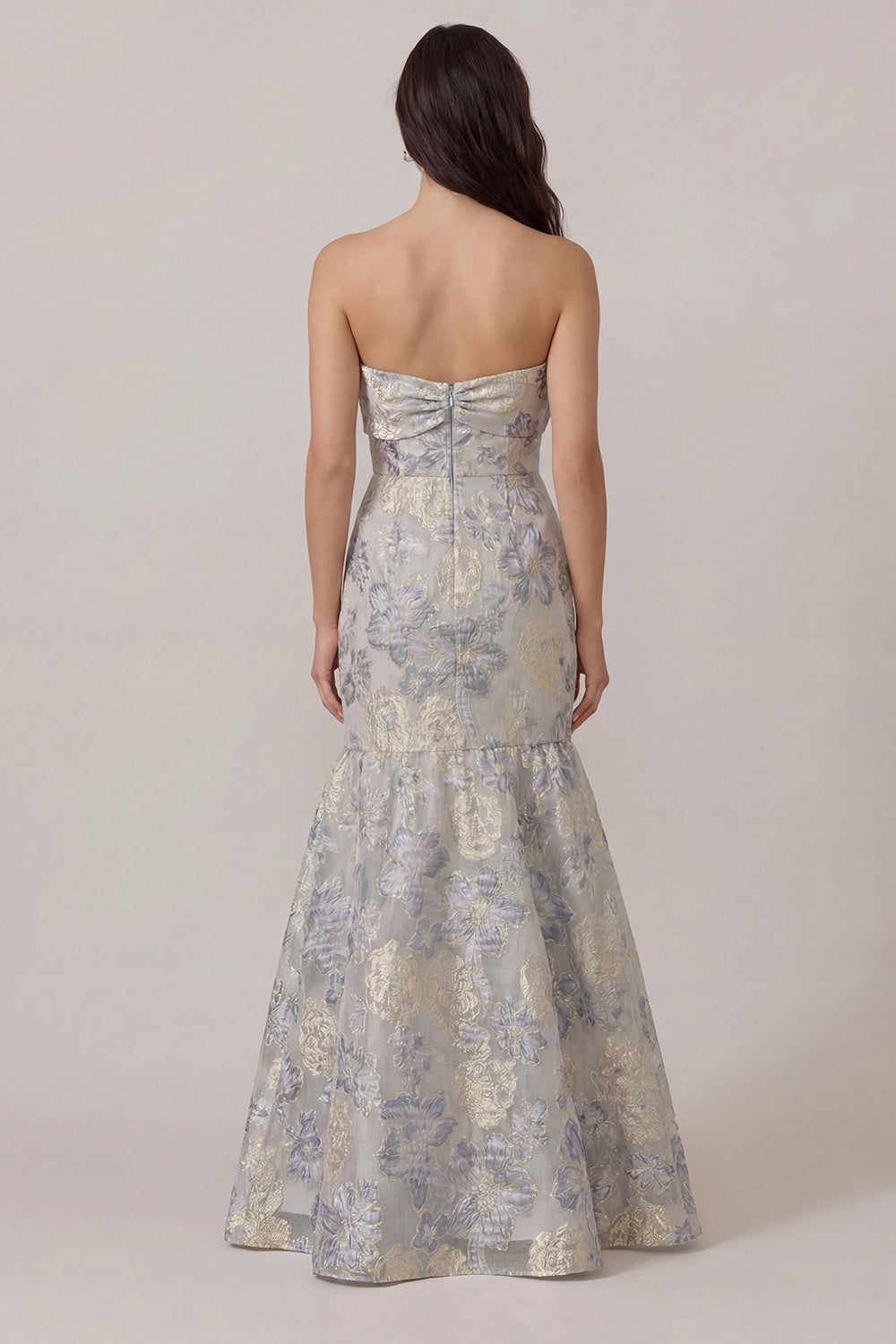 Dusty Blue Jacquard Mermaid Floral Long Wedding Guest Dress