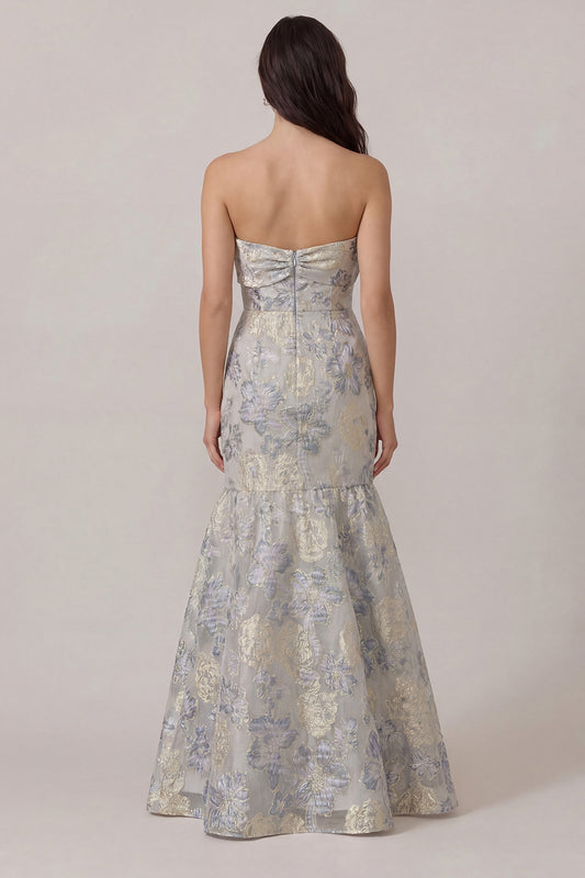 Dusty Blue Jacquard Mermaid Floral Long Wedding Guest Dress