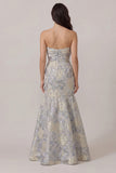 Dusty Blue Jacquard Mermaid Floral Long Wedding Guest Dress