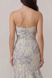 Dusty Blue Jacquard Mermaid Floral Long Wedding Guest Dress