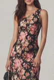 Mermaid Black Pink Flower One Shoulder Long Wedding Guest Dress