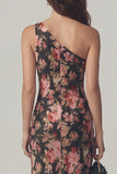 Mermaid Black Pink Flower One Shoulder Long Wedding Guest Dress