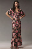 Black Pink Mermaid Flower V Neck Maxi Wedding Guest Dress