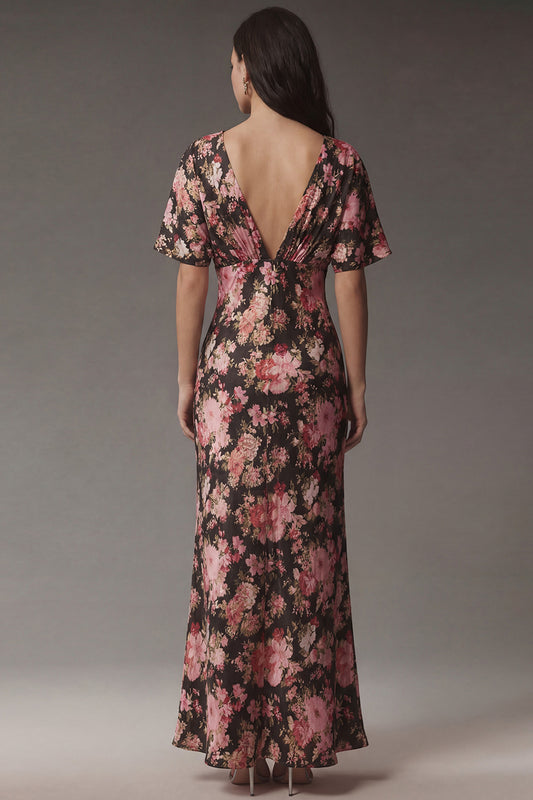 Black Pink Mermaid Flower V Neck Maxi Wedding Guest Dress