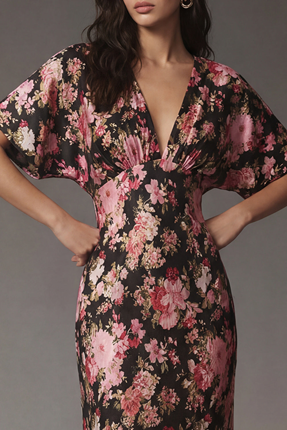 Black Pink Mermaid Flower V Neck Maxi Wedding Guest Dress