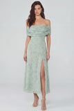 Dusty Sage Off the Shoulder Long Floral Wedding Guest Dress with Slit