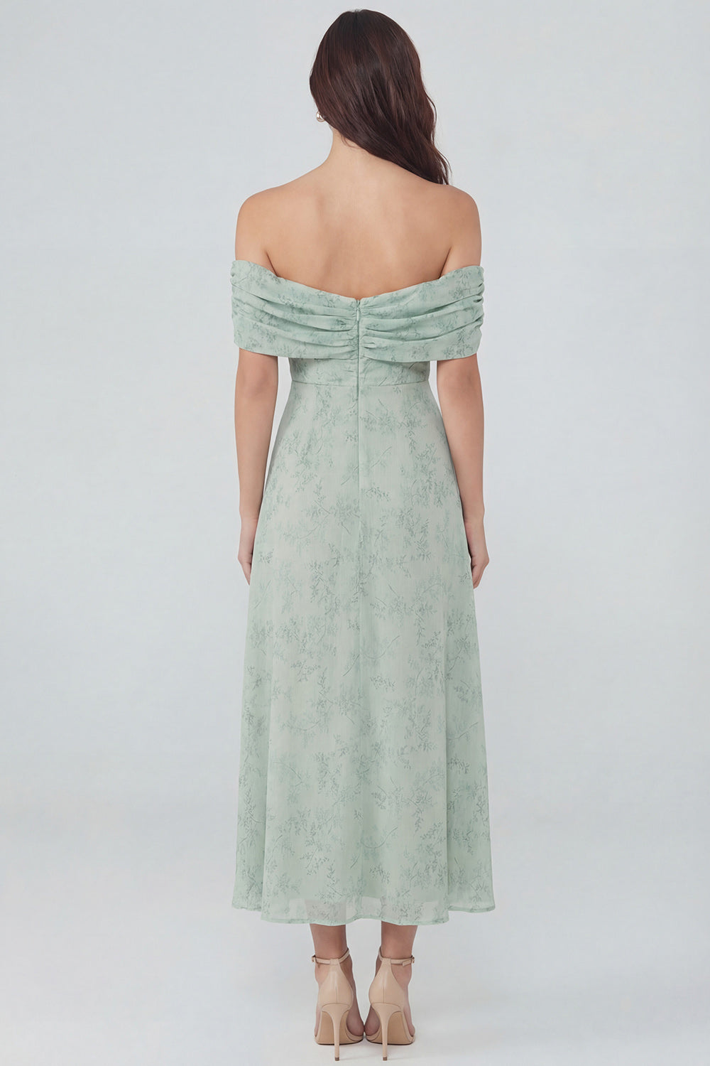 Dusty Sage Off the Shoulder Long Floral Wedding Guest Dress with Slit