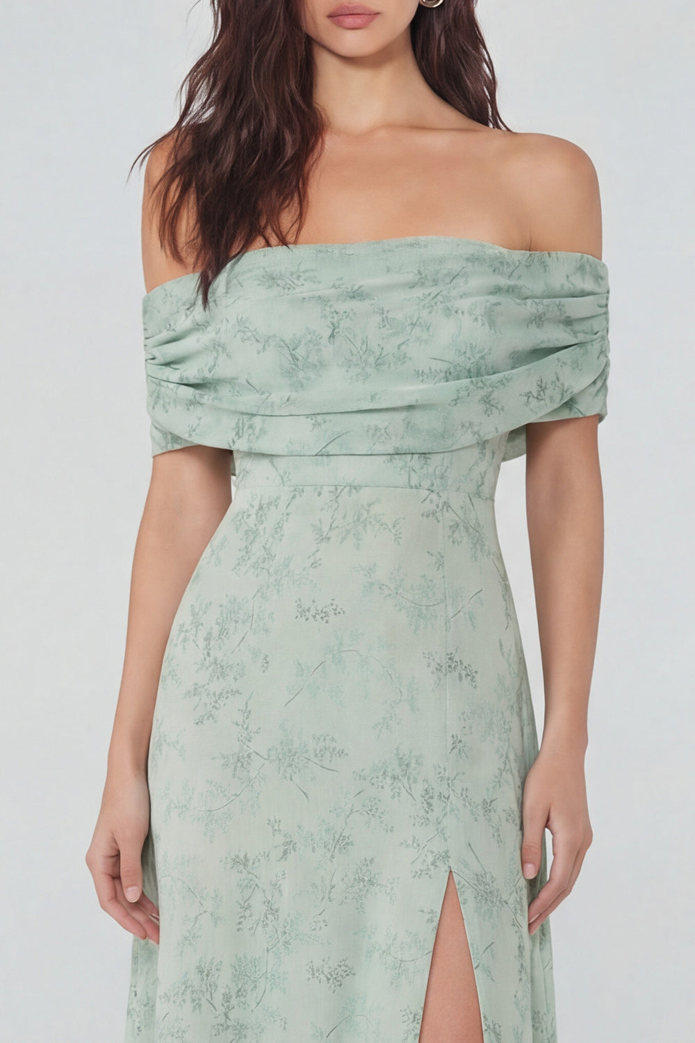 Dusty Sage Off the Shoulder Long Floral Wedding Guest Dress with Slit