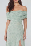 Dusty Sage Off the Shoulder Long Floral Wedding Guest Dress with Slit