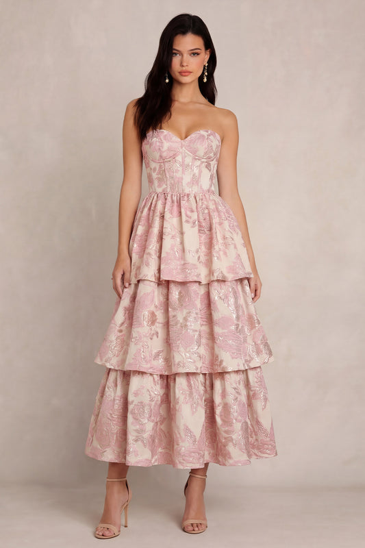 Blush Sweetheart Corset A Line Maxi Floral Wedding Guest Dress with Ruffles