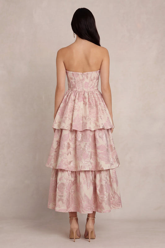 Blush Sweetheart Corset A Line Maxi Floral Wedding Guest Dress with Ruffles