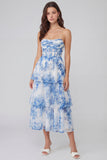 White Blue Flower Corset Maxi Wedding Guest Dress with Ruffles