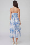 White Blue Flower Corset Maxi Wedding Guest Dress with Ruffles