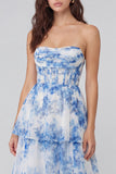 White Blue Flower Corset Maxi Wedding Guest Dress with Ruffles