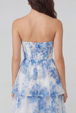 White Blue Flower Corset Maxi Wedding Guest Dress with Ruffles