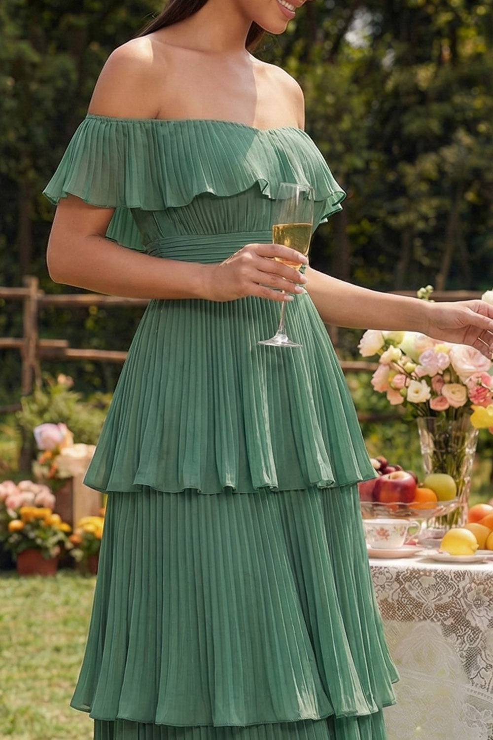 Eucalyptus A Line Tiered Maxi Wedding Guest Dress with Ruffles