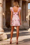 Sparkly Floral Pink V Neck Ruffled A Line Short Prom Dress with Bow