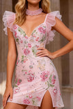 Sparkly Floral Pink V Neck Ruffled A Line Short Prom Dress with Bow
