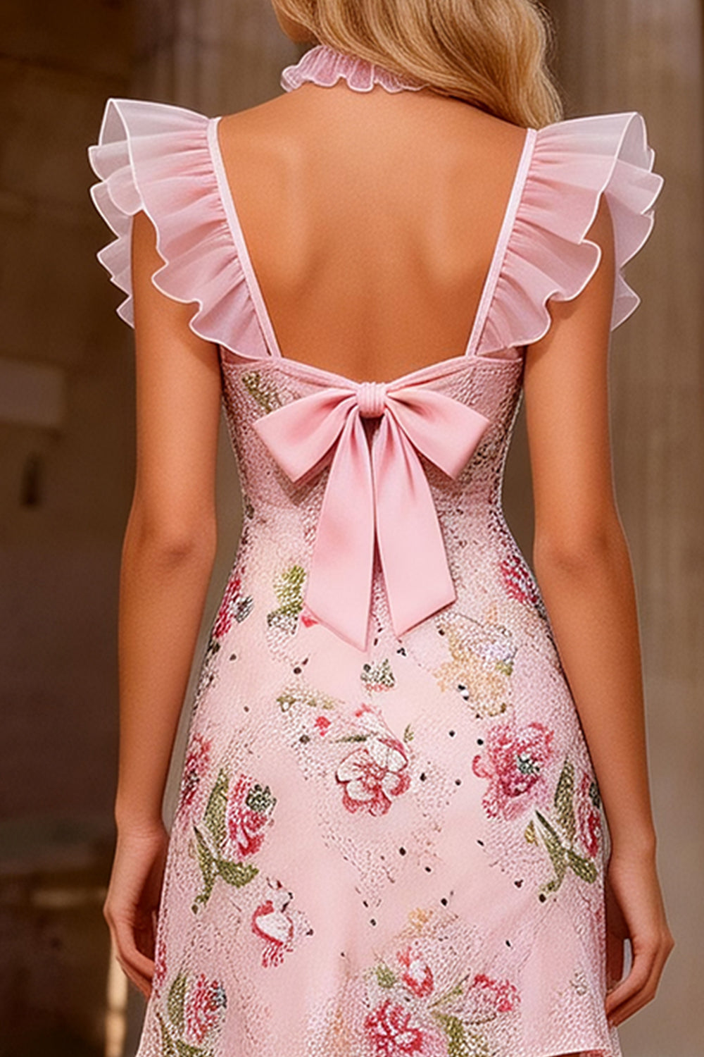 Sparkly Floral Pink V Neck Ruffled A Line Short Prom Dress with Bow