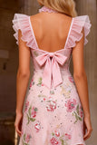 Sparkly Floral Pink V Neck Ruffled A Line Short Prom Dress with Bow