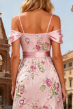 Sparkly Pink Floral Cold Shoulder A Line Short Prom Dress with Sash