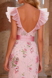 Sparkly Floral Pink V Neck Ruffled Sheath Long Prom Dress with Slit