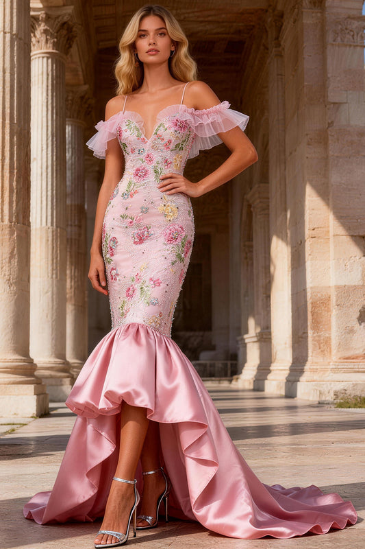 Sparkly Floral Pink Ruffled Cold Shoulder Mermaid High-Low Prom Dress