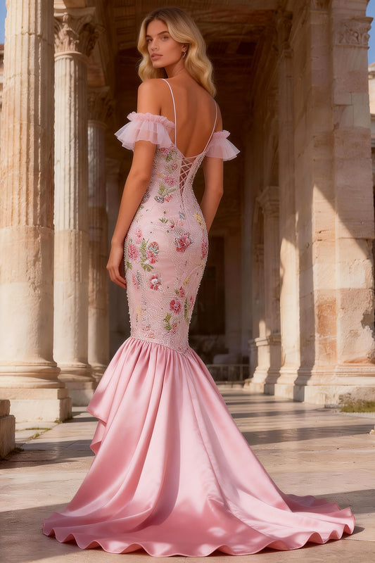 Sparkly Floral Pink Ruffled Cold Shoulder Mermaid High-Low Prom Dress