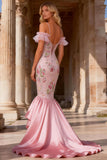 Sparkly Floral Pink Ruffled Cold Shoulder Mermaid High-Low Prom Dress