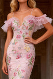 Sparkly Floral Pink Ruffled Cold Shoulder Mermaid High-Low Prom Dress