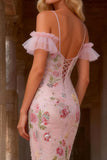 Sparkly Floral Pink Ruffled Cold Shoulder Mermaid High-Low Prom Dress