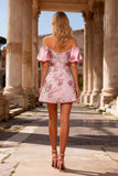Sparkly Pink Floral Off the Shoulder Short Prom Dress with Sash