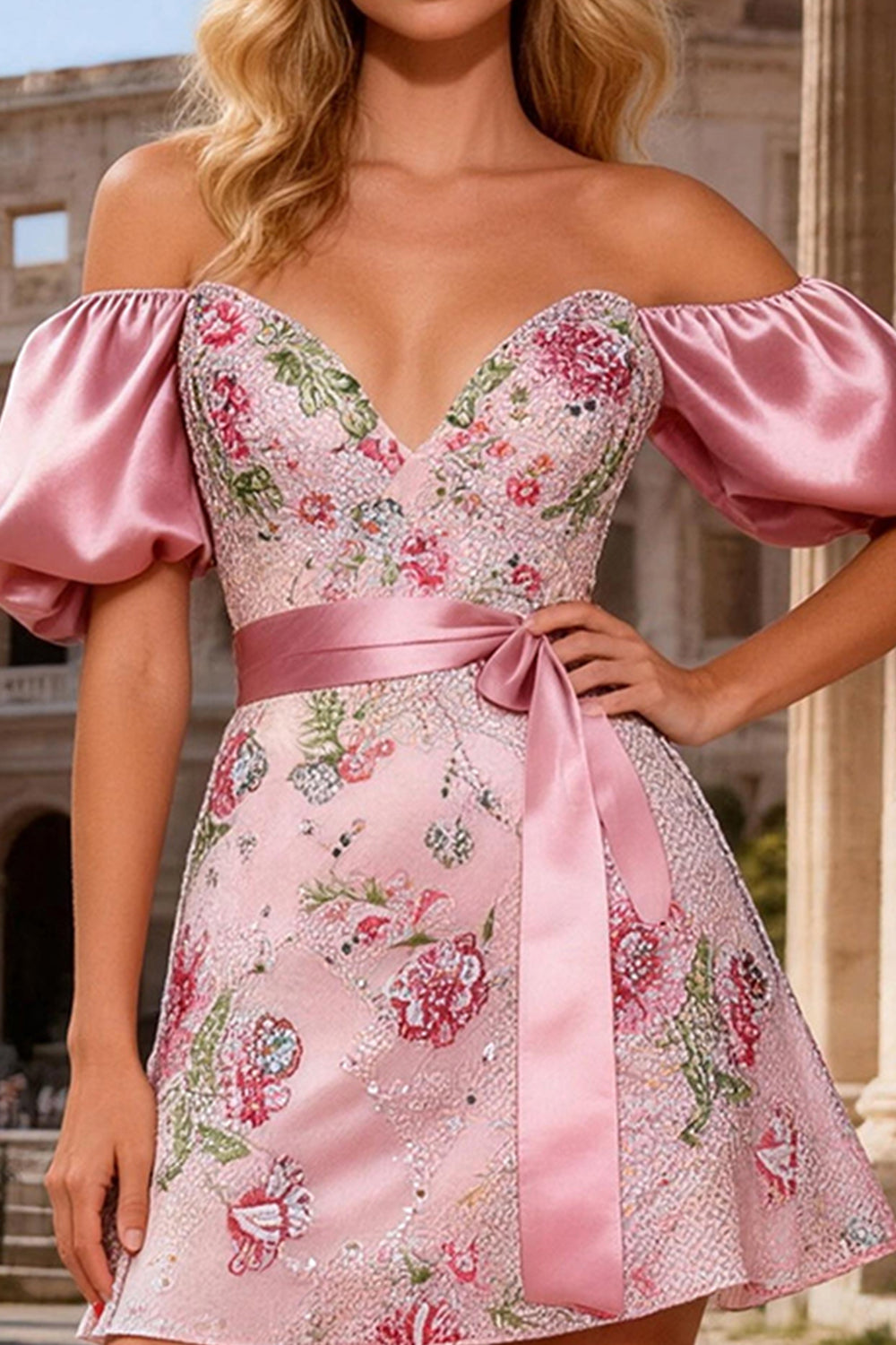 Sparkly Pink Floral Off the Shoulder Short Prom Dress with Sash