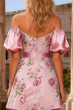 Sparkly Pink Floral Off the Shoulder Short Prom Dress with Sash
