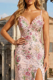 Sparkly Floral Pink Spaghetti Straps Mermaid Long Prom Dress with Slit