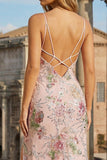 Sparkly Floral Pink Spaghetti Straps Mermaid Long Prom Dress with Slit