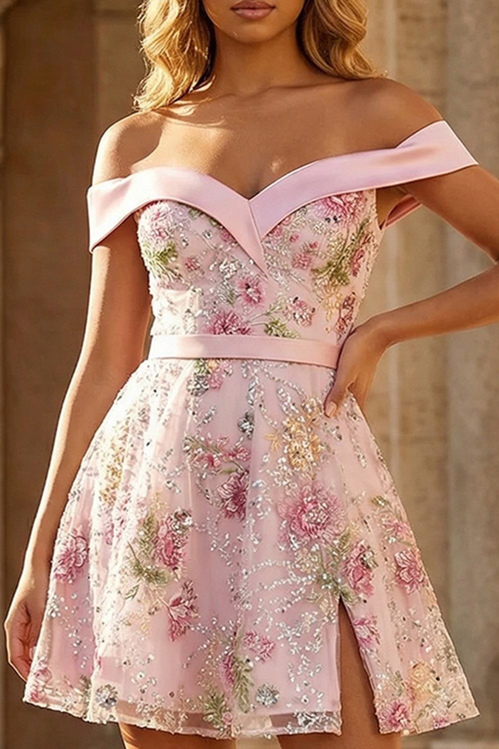 Sparkly Floral Pink Off the Shoulder Short Prom Dress with Slit