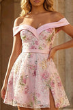 Sparkly Floral Pink Off the Shoulder Short Prom Dress with Slit