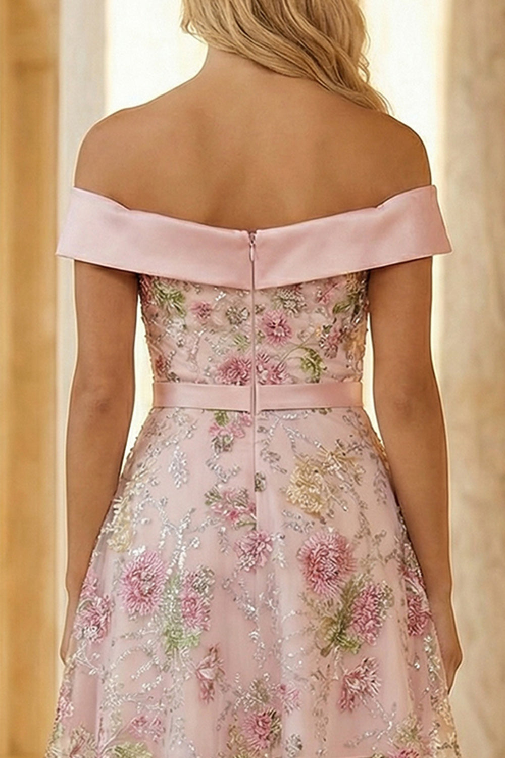 Sparkly Floral Pink Off the Shoulder Short Prom Dress with Slit