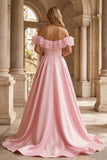 Sparkly Floral Pink Off the Shoulder Ruffled Mermaid Long Prom Dress with Cape
