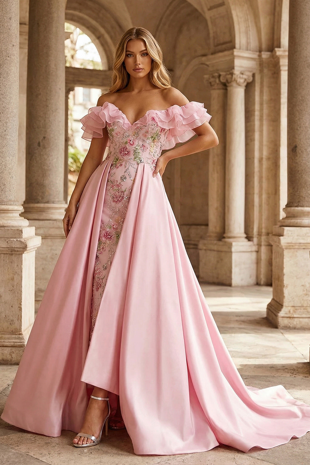 Sparkly Floral Pink Off the Shoulder Ruffled Mermaid Long Prom Dress with Cape