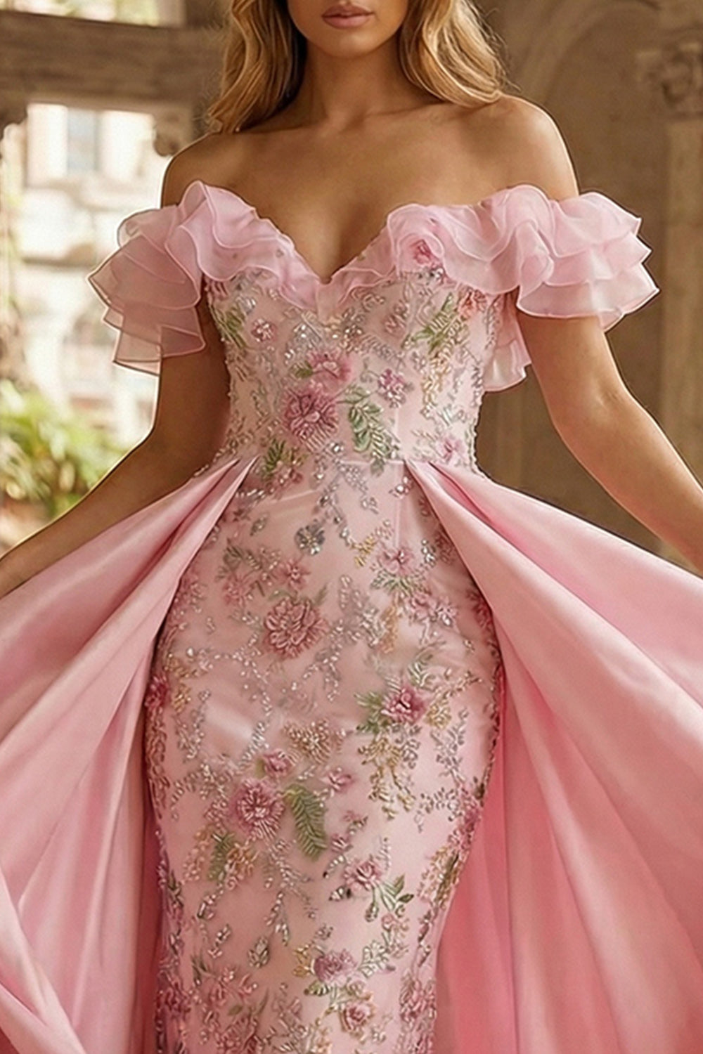 Sparkly Floral Pink Off the Shoulder Ruffled Mermaid Long Prom Dress with Cape