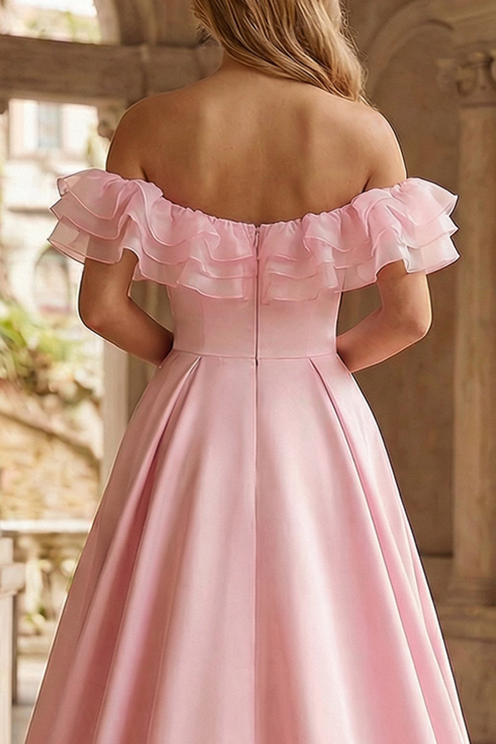 Sparkly Floral Pink Off the Shoulder Ruffled Mermaid Long Prom Dress with Cape