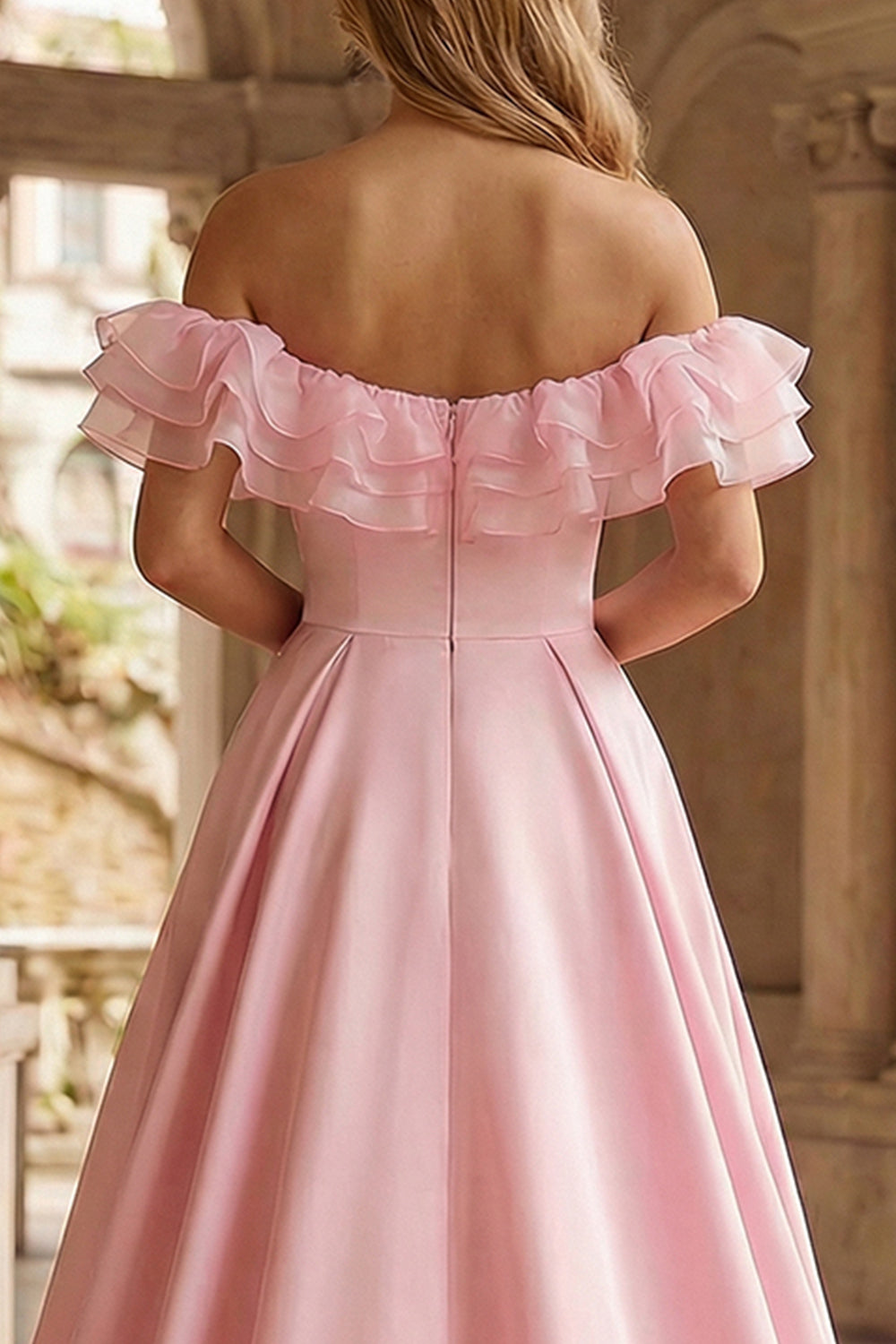 Sparkly Floral Pink Off the Shoulder Ruffled Mermaid Long Prom Dress with Cape