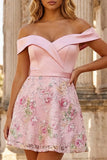 Sparkly Floral Pink Satin Off the Shoulder A Line Short Prom Dress