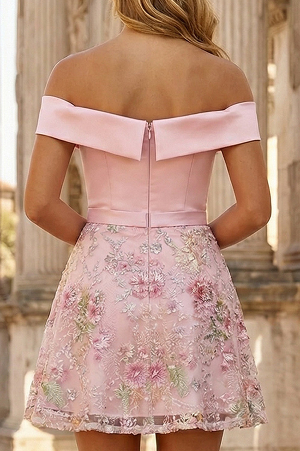 Sparkly Floral Pink Satin Off the Shoulder A Line Short Prom Dress