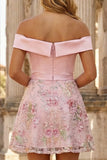 Sparkly Floral Pink Satin Off the Shoulder A Line Short Prom Dress